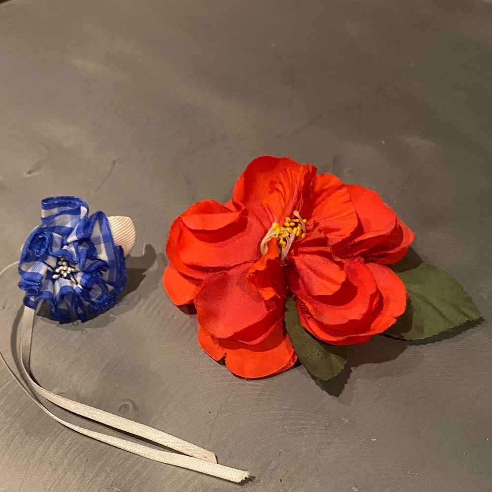Red flower  and Blue check brooches  vintage at least 40 years old